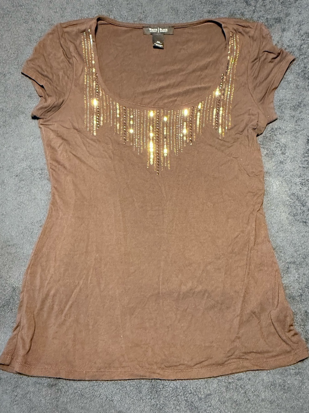 White House Black Market Brown Scoop Neck Top w/ Gold Sequins & beads Detail XS